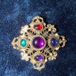 Vintage Gold Tone Multicolor Cabochon Cross Brooch | Ornate Statement Pin